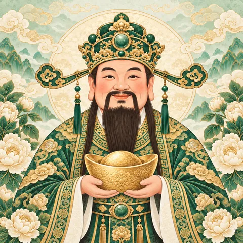 Thần Tài mặc áo xanh ngọc điểm vàng, cầm thỏi vàng giữa hoa mẫu đơn trắng ngà, mây vàng và núi ngọc