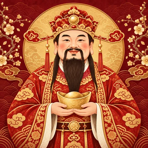 Thần Tài cầm thỏi vàng, bên cạnh hoa mai và họa tiết mây vàng trên nền đỏ son